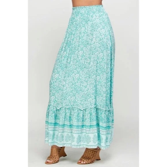 Green Tea Floral Gypsy Boho Bohemian Border Full Length Ruffle Casual Maxi Skirt - Picture 3 of 3